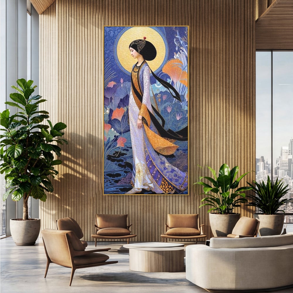 Tablou canvas cu tablou canvas cu regina in stil art nouveau, in rama de aluminiu auriu, pe perete intr-un birou